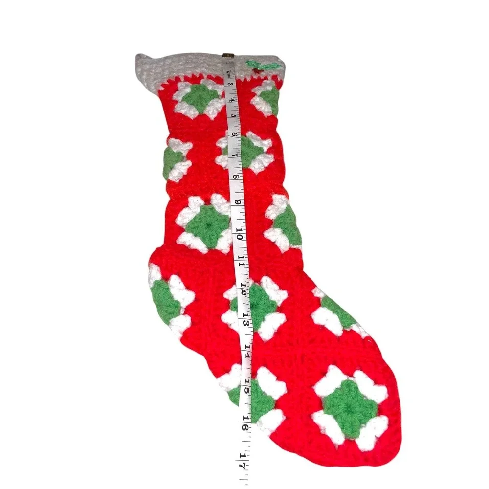 Granny Square Handmade Crocheted CHRISTMAS STOCKING Green Red White 17